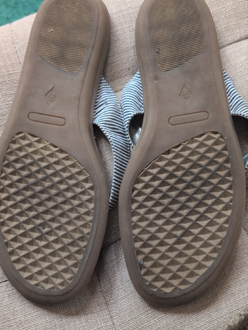 AEROSOLES Tan Footbed Flip-Flops with Blue-White Striped Straps - Picture 3 of 4